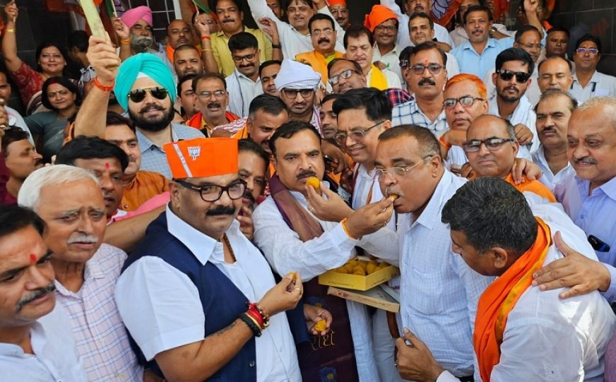 कानपुर न्यूज़: मोदी के संसदीय दल का नेता चुने जाने पर भाजपाईयों ने बांटी मिठाई, पटाखे फोड़े।