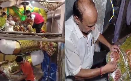 सम्भल आईएनए न्यूज़: आर्टिफिशियल ड्राई फ्रूट से सजी गणपति बप्पा की स्वचलित झाँकी। 