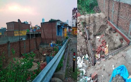 Shahjahanpur News: हनुममधाम स्थित नया पुल के पास सरकारी जमीन पर हो रहा अबैध निर्माण। 