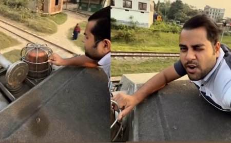 Viral News: रील के लिए कुछ भी करेगा, शख्स ने ट्रेन के इंजन पर लेटकर किया सफर।