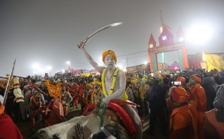Maha Kumbh 2025: त्रिवेणी तट पर नागा साधु बने आकर्षण का केंद्र- घोड़ों पर सवार होकर और पैदल चल रहे नागा साधुओं ने शस्त्रों के साथ अपनी युद्ध कला का किया प्रदर्शन । 