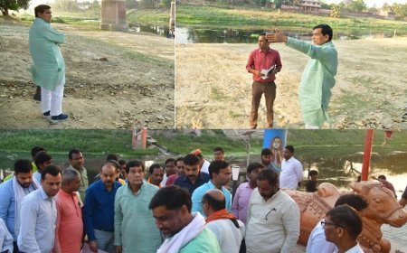 Lucknow News: ए.के. शर्मा ने मऊ में तमसा नदी के तट के विकास हेतु चल रहे निर्माण कार्यों का स्थल निरीक्षण किया। 