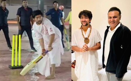 वीरेंद्र सहवाग के साथ धीरेंद्र शास्त्री ने खेला क्रिकेट, जमकर लगाए चौकेे-छक्के।