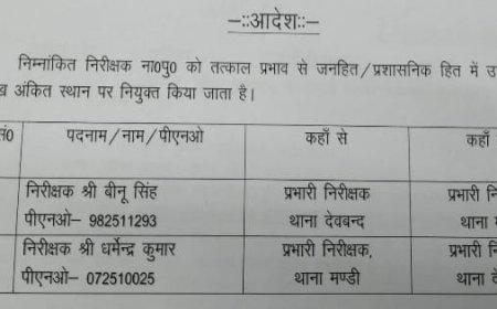 Saharanpur News: सहारनपुर में पुलिस निरीक्षकों का तबादला, बीनू सिंह और धर्मेंद्र कुमार को नई जिम्मेदारी