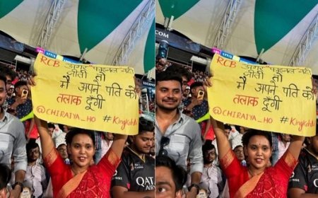 Ajab Gajab: 'RCB फाइनल नहीं जीती तो तलाक दे दूंगी'- महिला फैन का वायरल पोस्टर, सोशल मीडिया पर 'विराट भाई, घर बचा लेना' की गुहार। 