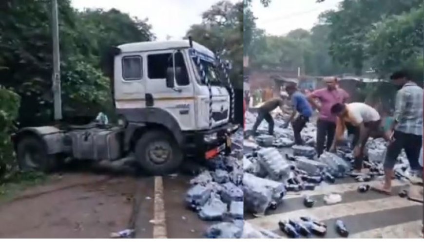 Ballia : तेज रफ्तार ट्रेलर पलटा, कोल्ड ड्रिंक लूट का वीडियो वायरल, महिला घायल