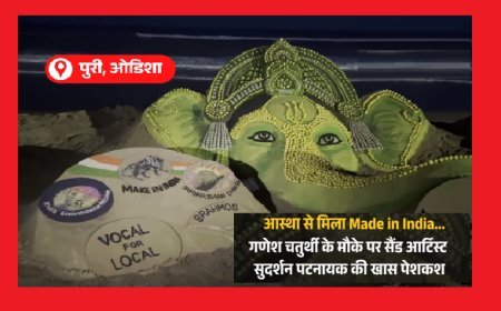पुरी में गणेश चतुर्थी पर सुदर्शन पटनायक की अनोखी रेत कला, 20 प्रकार के फलों से सजा भगवान गणेश का चित्र। 