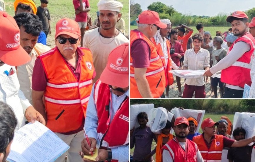 रेड क्रॉस सोसाइटी ने बाढ़ ग्रस्त बिलग्राम क्षेत्र के मजरों में राहत सामग्री वितरित की। 