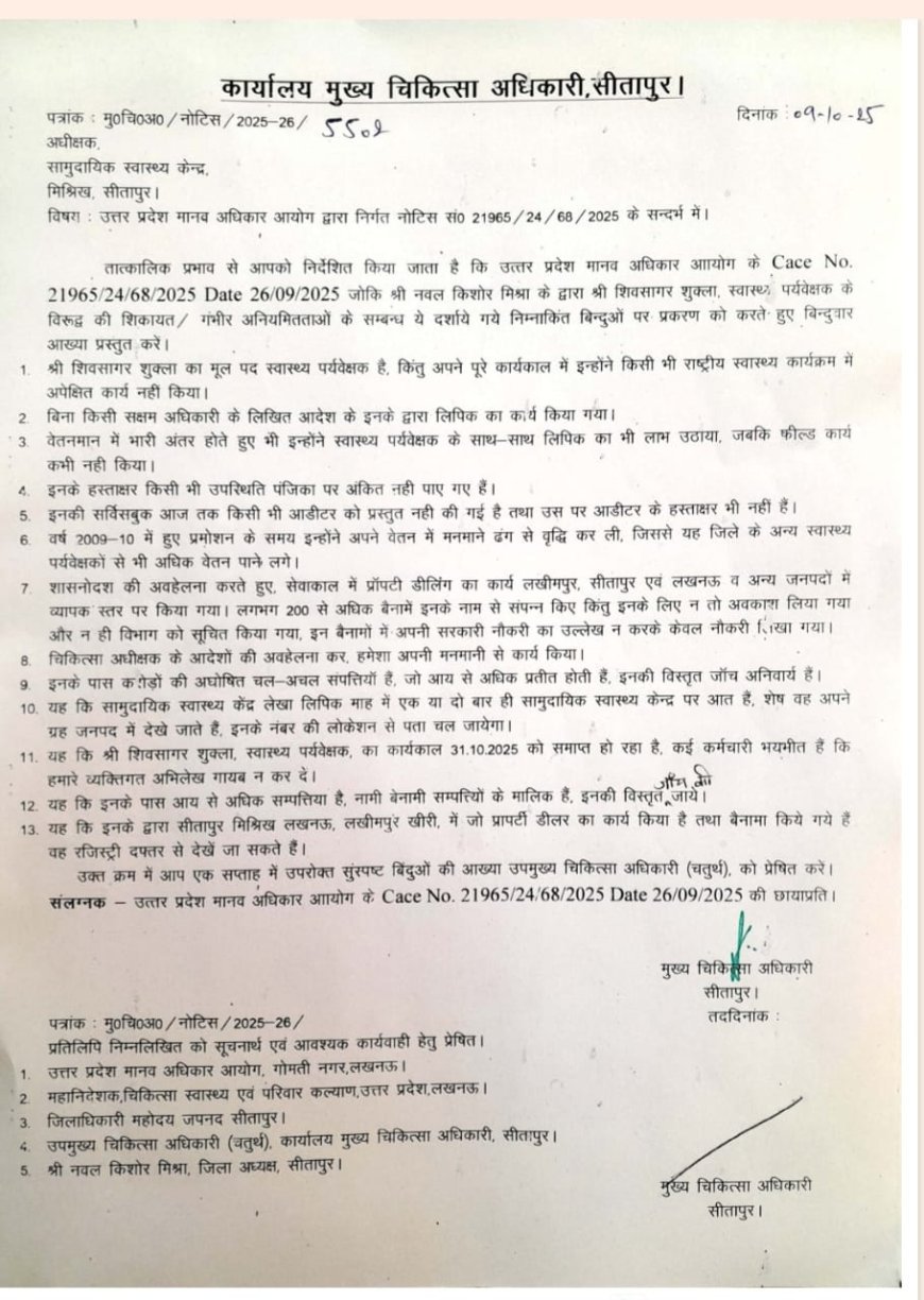 Sitapur : मानव अधिकार आयोग की संस्तुति पर सीएमओ ने की बड़ी कार्यवाही।