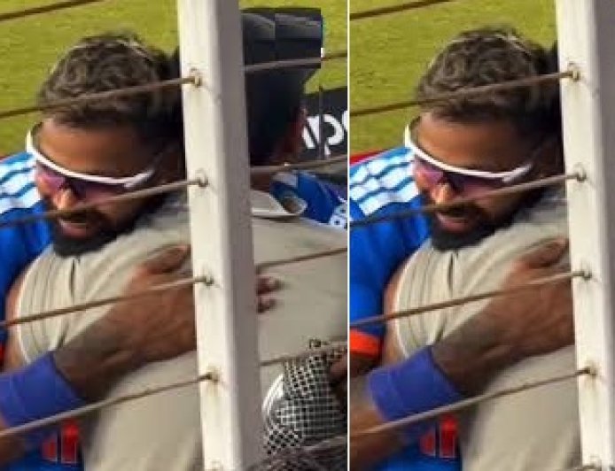 हार्दिक पांड्या छक्के से घायल कैमरामैन से मिले, गले लगाकर हालचाल जाना।