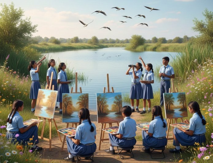 सीजी सिटी अर्बन वेटलैंड में मना प्रकृति का उत्सव: छात्र-छात्राओं ने कैनवास पर उकेरे प्रकृति के रंग, पंख फैलाते पक्षियों का किया दीदार।  