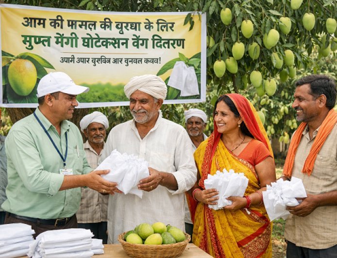 Hardoi: आम की फसल की सुरक्षा के लिए मुफ्त मैंगो प्रोटेक्शन बैग वितरण। 