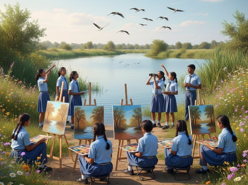 सीजी सिटी अर्बन वेटलैंड में मना प्रकृति का उत्सव: छात्र-छात्राओं ने कैनवास पर उकेरे प्रकृति के रंग, पंख फैलाते पक्षियों का किया दीदार।  