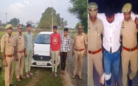 Hardoi: संडीला पुलिस की मुठभेड़ में 4 लुटेरे गिरफ्तार, एक को गोली लगी; नकदी, कार और अवैध असलहा बरामद। 