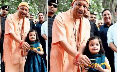 Gorakhpur: 'Close Your Eyes, I Have a Gift for You'- 4-year-old Yashasvini gifts a ‘bulldozer’ to CM Yogi Adityanath.