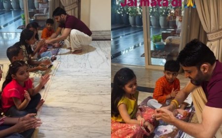 कपिल शर्मा के घर 'जय माता दी' की गूंज: अष्टमी पर पारंपरिक रूप से किया कन्या पूजन, नन्ही बच्चियों का लिया आशीर्वाद।