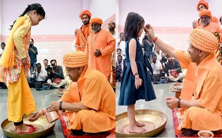 Gorakhpur: सीएम योगी ने किया कन्या पूजन अनुष्ठान, मातृशक्ति के प्रति दिखाया सम्मान।