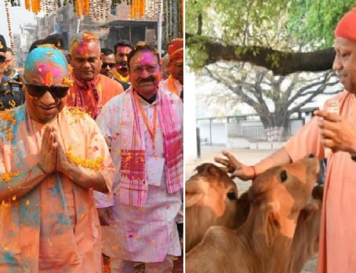 Gorakhpur: गोरखनाथ मंदिर में मुख्यमंत्री ने लिया फाग का आनंद, सीएम संग खेली गई रंगों व फूलों की होली। 