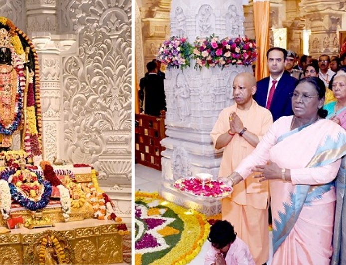 Ayodhya: अयोध्या में राष्ट्रपति द्रौपदी मुर्मू ने राम मंदिर में स्वर्ण-जड़ित श्री राम यंत्र स्थापित किया, विधि विधान से पूजन अर्चन किया।