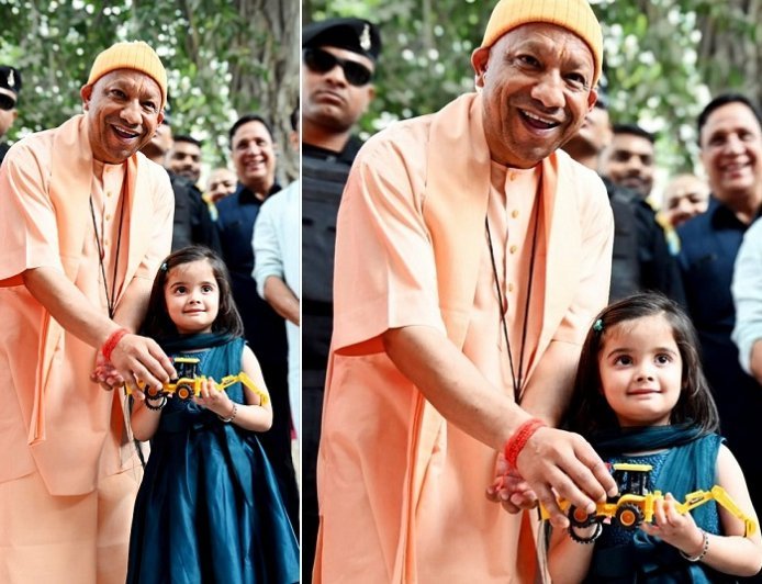 Gorakhpur: 'Close Your Eyes, I Have a Gift for You'- 4-year-old Yashasvini gifts a ‘bulldozer’ to CM Yogi Adityanath.