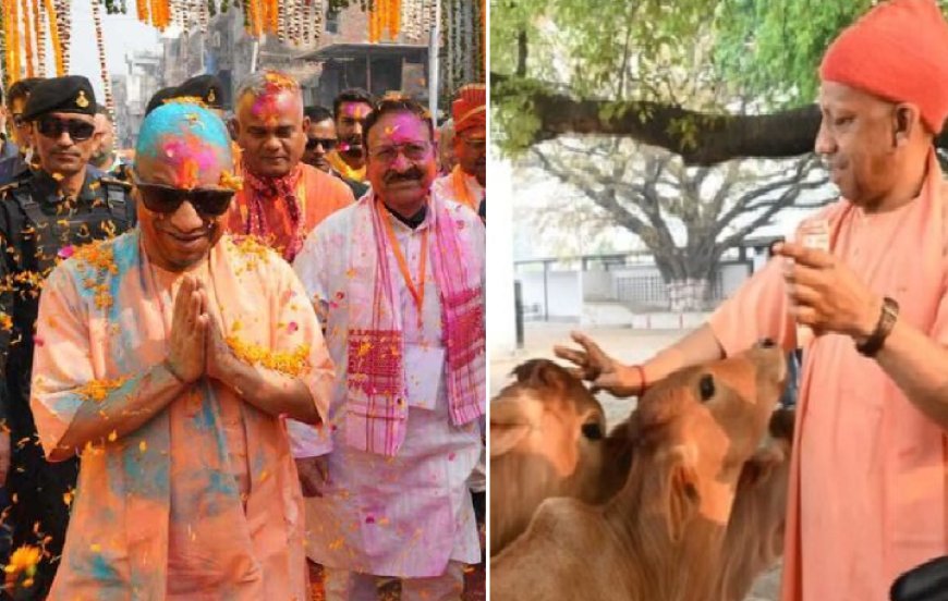 Gorakhpur: गोरखनाथ मंदिर में मुख्यमंत्री ने लिया फाग का आनंद, सीएम संग खेली गई रंगों व फूलों की होली। 