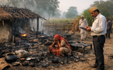 Lakhimpur- Kheri : झोपड़ी में आग लगने से बेवा महिला का घर जला, लेखपाल ने किया नुकसान का आंकलन