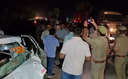 हमीरपुर में नेशनल हाईवे-34 पर भीषण टक्कर, बारात लेकर जा रही वैन और ट्रक की भिड़ंत में चार लोगों की मौत।