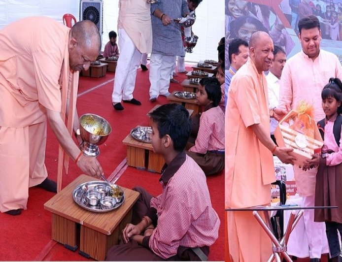 Varanasi: सीएम योगी आदित्यनाथ ने ‘स्कूल चलो’ अभियान में बच्चों को परोसा मिड-डे मील, बैग-पुस्तकें बांटकर बढ़ाया उत्साह। 