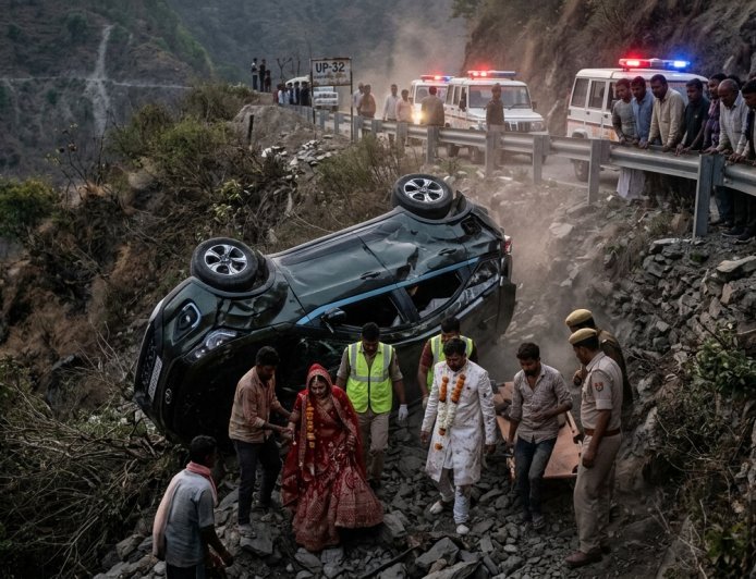 Sitapur : विदाई कराकर लौट रहे दूल्हा-दुल्हन की कार खाई में पलटी, हादसे में चार लोग गंभीर रूप से घायल