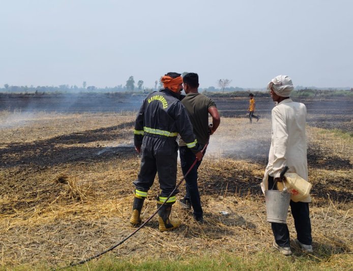 Gonda : पराली की आग ने धारण किया विकराल रूप, कड़ी मशक्कत के बाद दमकल कर्मियों ने फसल को बचाया