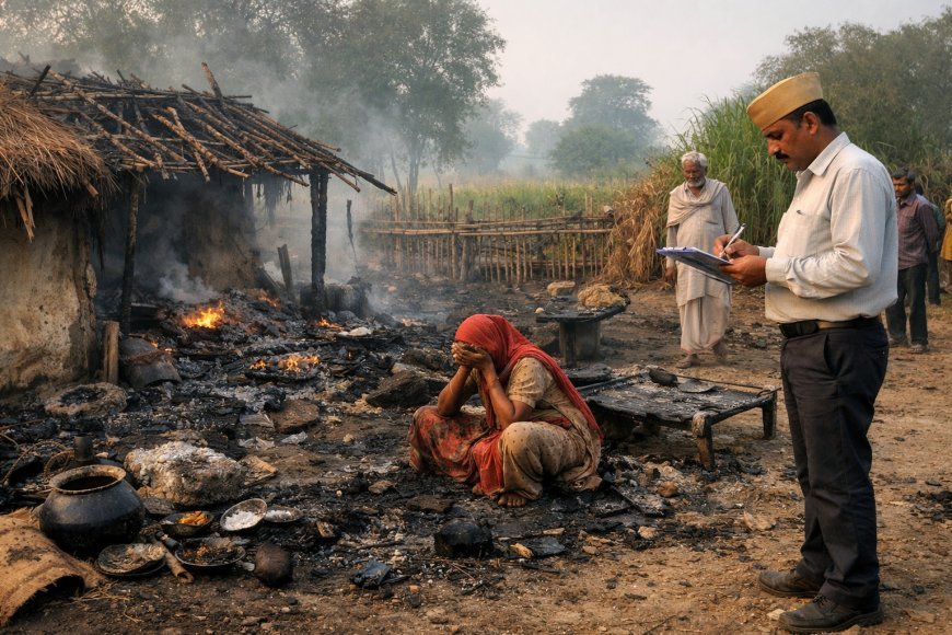 Lakhimpur- Kheri : झोपड़ी में आग लगने से बेवा महिला का घर जला, लेखपाल ने किया नुकसान का आंकलन