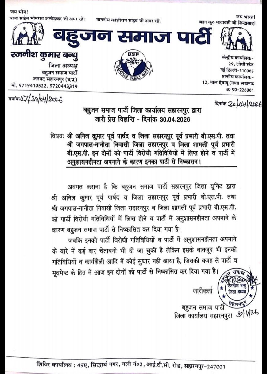 Saharanpur : अनुशासनहीनता पर बसपा की बड़ी कार्रवाई: दो पूर्व प्रभारियों को पार्टी से निकाला