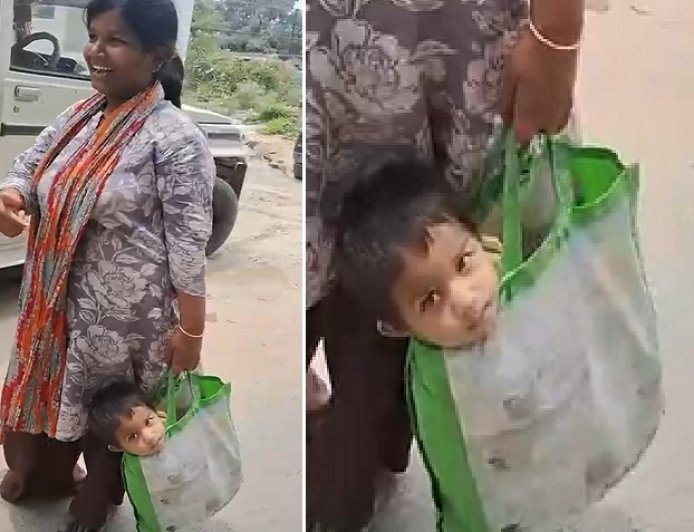 Ayodhya: गोद नहीं, झोले में सफर करता बचपन—मां की लाचारी का वायरल सच, मजबूरी की मार्मिक तस्वीर। 
