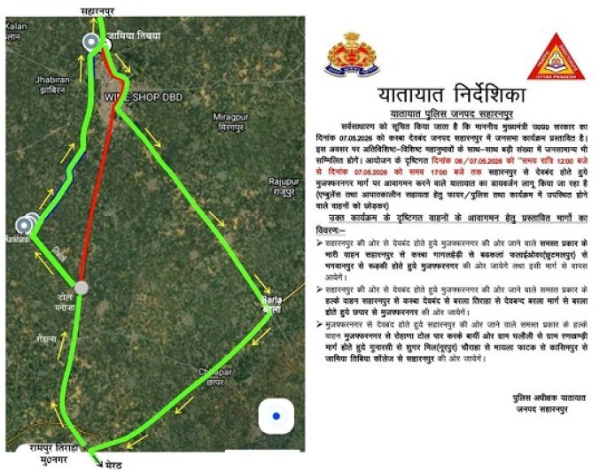 देवबंद जनसभा को लेकर सहारनपुर ट्रैफिक अलर्ट: 6 मई रात से 7 मई शाम तक डायवर्जन लागू- भारी-हल्के वाहनों के लिए बदले गए रूट। 