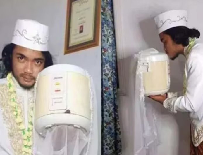 इंडोनेशिया के युवक ने 'राइस कुकर' को बनाया अपनी दुल्हन, अनोखे निकाह की तस्वीरों ने इंटरनेट पर मचाई खलबली।