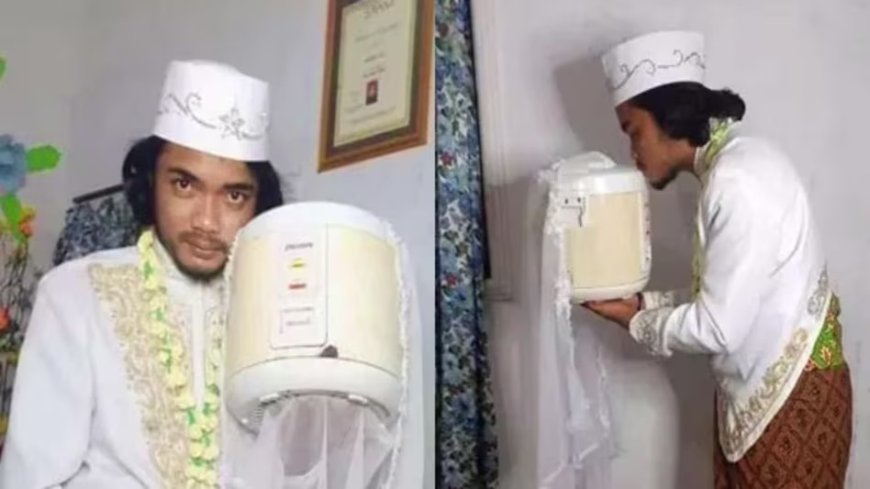 इंडोनेशिया के युवक ने 'राइस कुकर' को बनाया अपनी दुल्हन, अनोखे निकाह की तस्वीरों ने इंटरनेट पर मचाई खलबली।