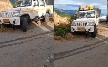 Mussoorie Landslide: मसूरी के हाथीपांव रोड पर भारी भूस्खलन, मलबे की चपेट में आने से बची कार, रास्ता हुआ बंद