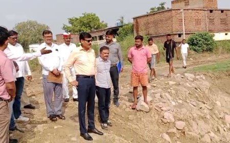 Ballia: दुबे छपरा में बाढ़ ठोकर निर्माण का डीएम ने किया निरीक्षण, 24 जुलाई तक कार्य पूरा करने के निर्देश