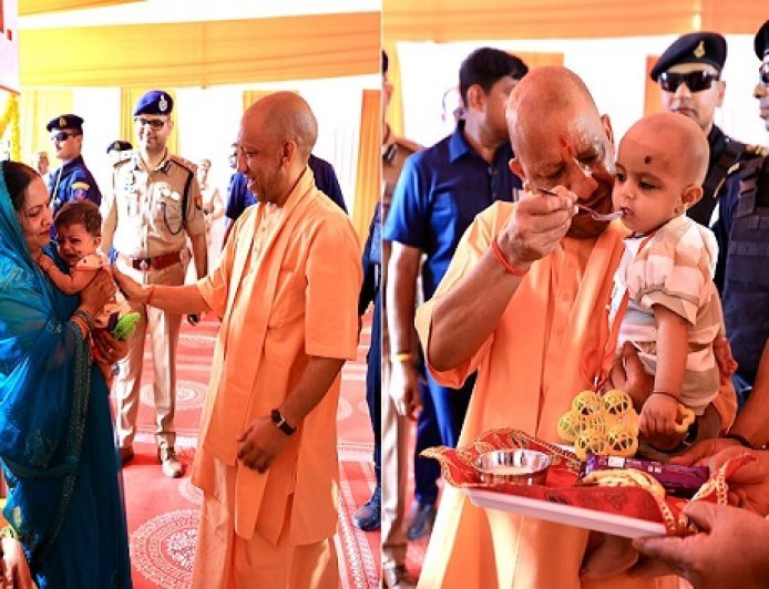 Ghazipur: मुख्यमंत्री योगी का आत्मीय अंदाज़, मंच पर बुलाकर महिलाओं से मिले और बच्चों को दिए खिलौने