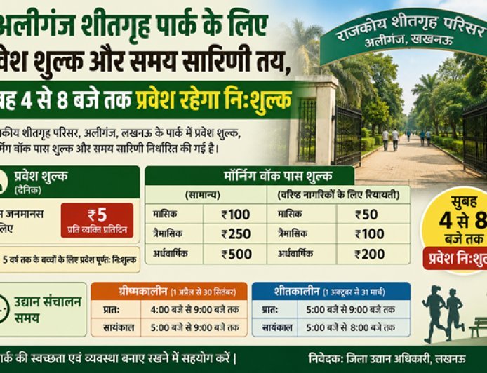 Lucknow: अलीगंज शीतगृह पार्क के लिए प्रवेश शुल्क और समय सारिणी तय, सुबह 4 से 8 बजे तक प्रवेश रहेगा निःशुल्क