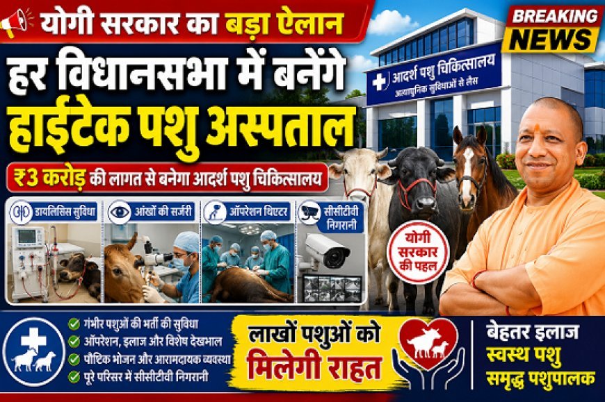योगी सरकार का बड़ा ऐलान: हर विधानसभा में ₹3 करोड़ से बनेंगे हाईटेक पशु अस्पताल, डायलिसिस और आई सर्जरी की भी होगी सुविधा
