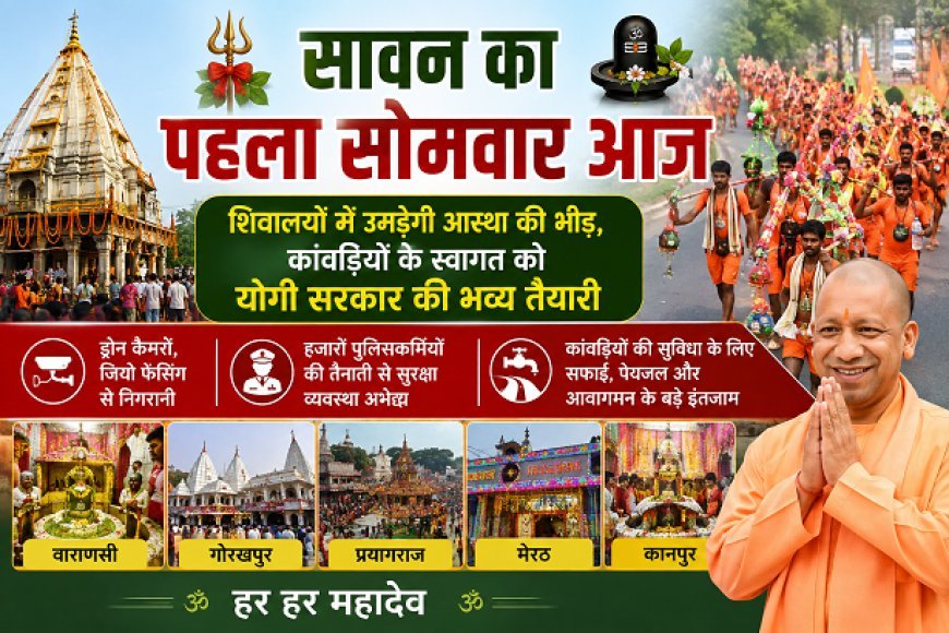 सावन का पहला सोमवार आज: शिवालयों में उमड़ेगी आस्था की भीड़, कांवड़ियों के स्वागत को योगी सरकार की भव्य तैयारी