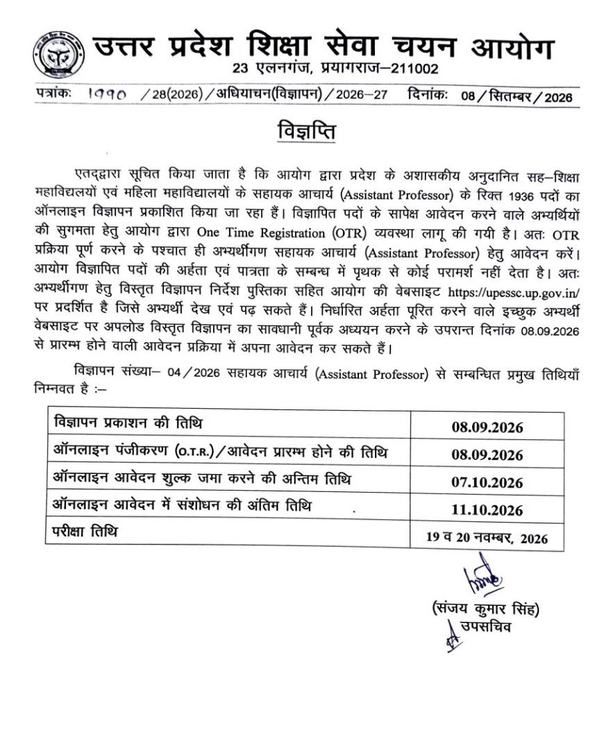 यूपी में असिस्टेंट प्रोफेसर के 1936 पदों पर भर्ती शुरू, नवंबर में होगी लिखित परीक्षा