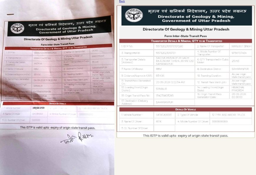 सहारनपुर में फर्जी रॉयल्टी और ISTP से अवैध खनन का बड़ा खेल, अनजाने में वाहन स्वामियों के नंबरों का दुरुपयोग