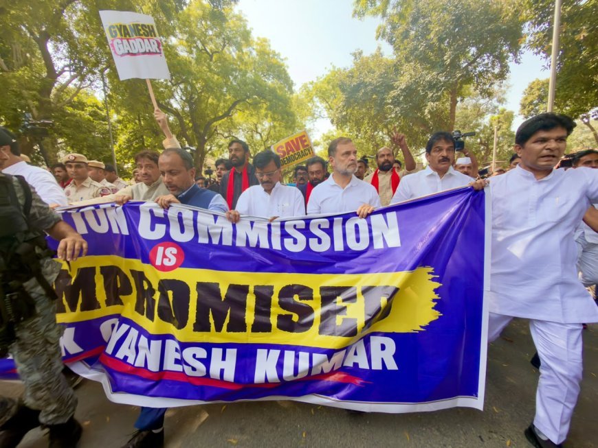 Parliament Protest: हाथों में संविधान और तख्तियां लेकर निकले विपक्षी सांसद, नीति आयोग के पास रोके जाने पर धरने पर बैठे नेता